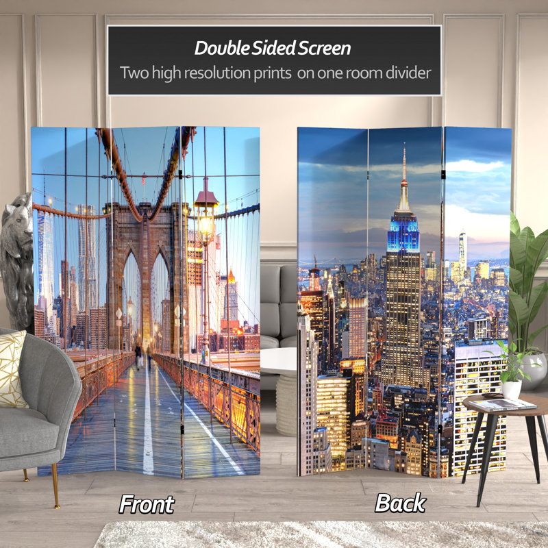 6 Ft. Tall Double Sided Black And White New York Bridge Canvas Room Divider, Colorful Landmarks