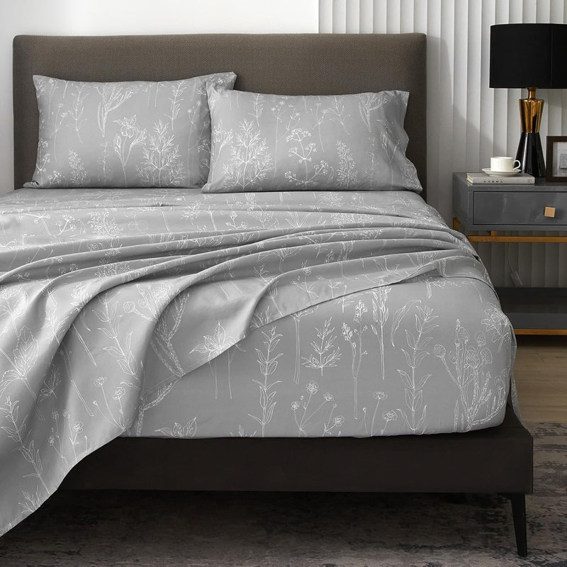 Hyprest Sheets, Soft Breathable Farmhouse Bed Sheet Sets, Deep Pocket Sheets, Gray Leaf, King