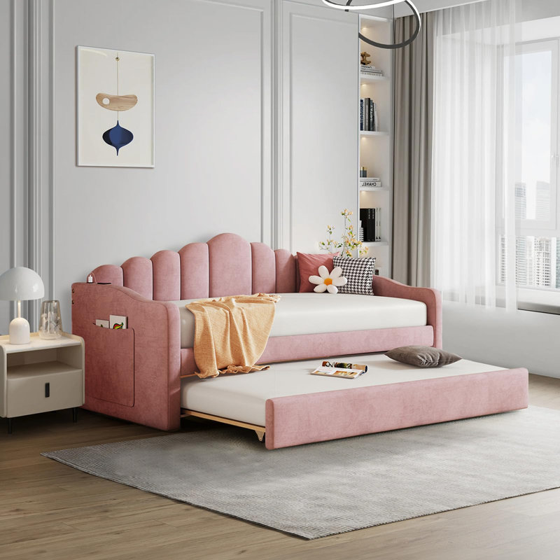 Twin Size Upholstered Daybed With Trundle, Pink