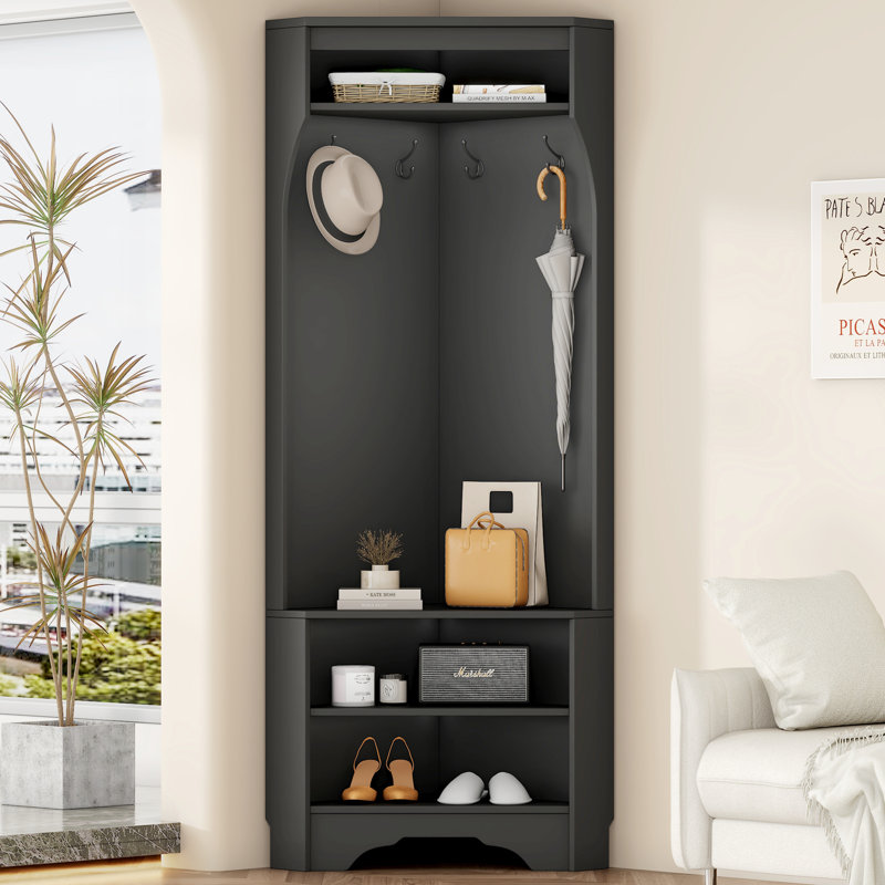 Corner Hall Tree With Shoe Bench, Versatile Entryway Coat Rack With 4 Hooks, Corner Cabinet With Adjustable Shelf