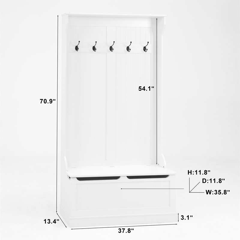 Multi-Use Hall Tree With Shoe Storage Bench And 5 Hooks, Elegant White Entryway Organizer