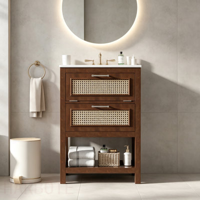 Bathroom Vanity with Integrated Ceramic Sink, Bathroom Cabinet with 1 Deep Drawer, 1 Tip-Out Drawer, Single Sink Bathroom Vanity