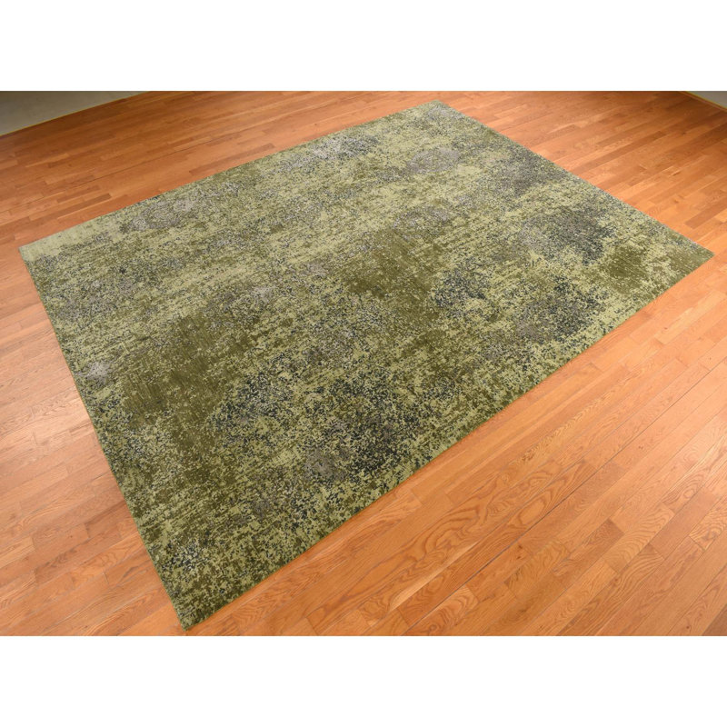 Tapis vert en laine pure texturé noué à la main 9 pi 1 po x 12 pi 0 po