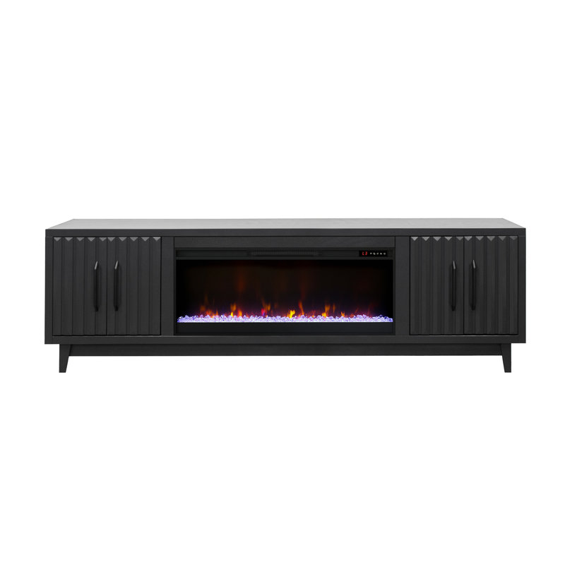 Meuble télé 92 po avec foyer électrique en bois massif Poulari pour téléviseur de 100 po ou moins, 29"H x 92"L x 17"W, Noir