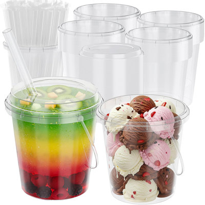 60 ensembles de seaux en plastique transparent avec couvercles et pailles, seau à boisson 24 oz avec poignée, seaux à cocktail jetables pour la piscine de la plage, fêtes d'Halloween, bar, bière