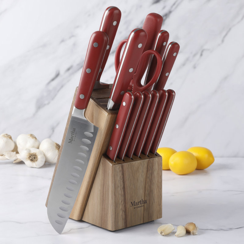 Eastwalk 14-Piece Red Stainless Steel Knife Set with Acacia Block
