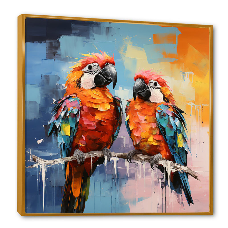 «Vibrant Duets Parrots I» sur toile, H 16 po x l 16 po x P 1 po, Cadre flottant doré