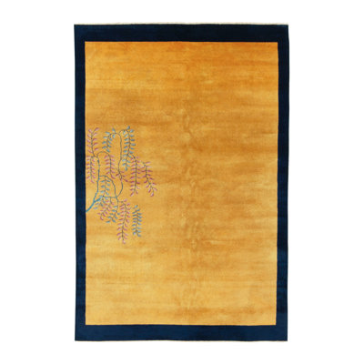 Rug & Kilim Vintage Chinese Deco Style Rug In Gold/navy Blue/pink Floral Patterns In Pink;gold;navy Blue;pink;gold;navy Blue