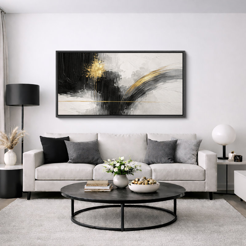 Composition abstraite noire et dorée, coups de pinceau audacieux sur fond neutre, décor moderne contemporain, impression sur toile encadrée, impression numérique
