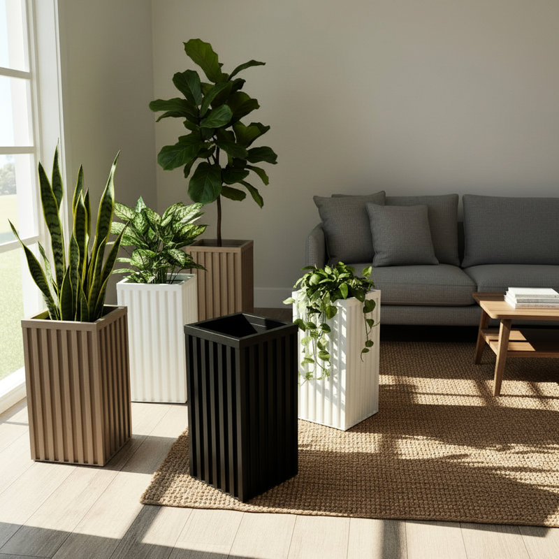 Bac à fleurs blanc carré en aluminium léger avec matériau prédécoupé pour le pot de fleurs, plateau moderne à finition réglable pour différentes hauteurs de plantes, pieds en caoutchouc en plastique pour contrôler l'eau