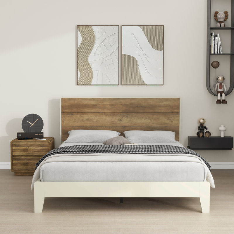 Allyannah Levison Platform Bed With Headboard, Queen, Ivory/Knotty oak