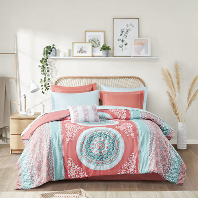 Édredon pour grand lit Coral - imprimé médaillon, rembourrage, facile d'entretien avec médaillon de draps, tissu en microfibre