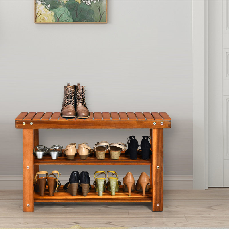 Acacia Wood Shoe Rack Bench 3-Tier Shoe Organizer 70X28x45cm-Teak