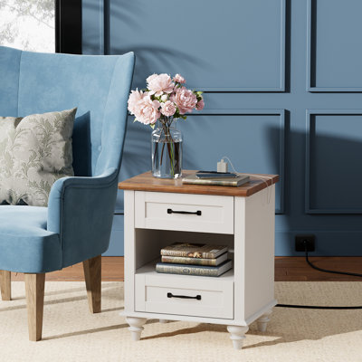 Set Of 2  White Nightstands With Charging Station, Farmhouse Style With 2 Drawers & Open Storage For Bedroom & Living Room