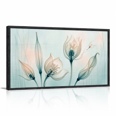 Translucent Teal and Peach Botanical Flowers Canvas Wall Art