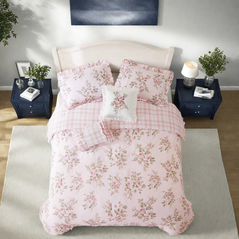 Ensemble de literie pour grand lit rose, ensemble de volants en microfibre pour la maison