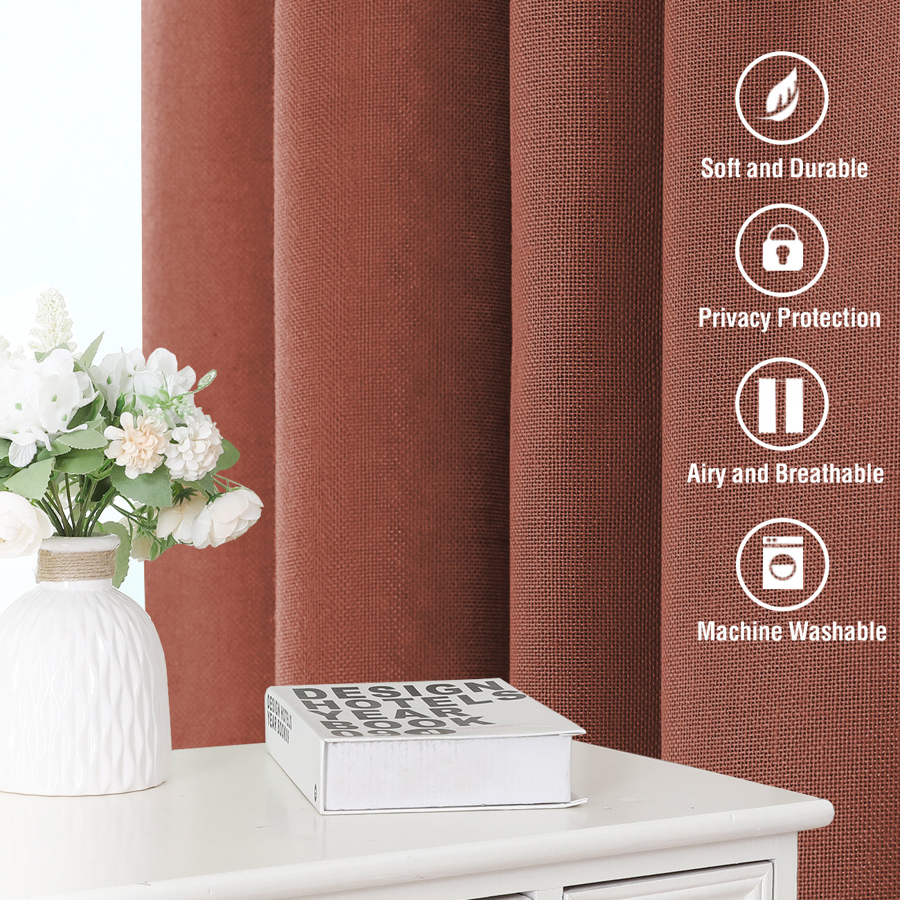 Linen Semi-Sheer Curtain Panel Set, 52" W x 108" L, Rust