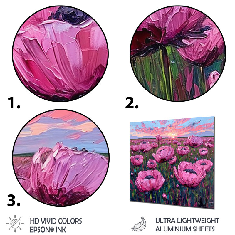 «Summer Tulips Sunset Meadow - Tulipes», reproduction d'art murale, Métal métal, H 16 po x l 16 po x P 1 po
