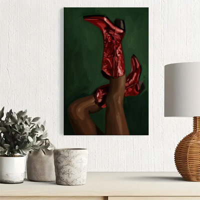 1pc Framed Canvas Wall Art Prints Poster, Red Cowboy Boots, Close-Up of a Woman's Leg, Oil Painting Texture with Expressionist Style Art Posters Canvas Print Painting for Living Room Bedroom Office Bathroom Dorm Home Decor, Ready To Hang