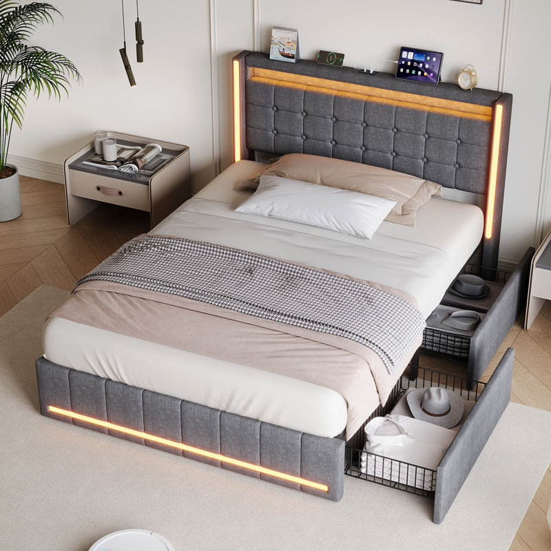 Upholstered Storage Bed with LED Headboard and Drawers, Double (4'6), Grey