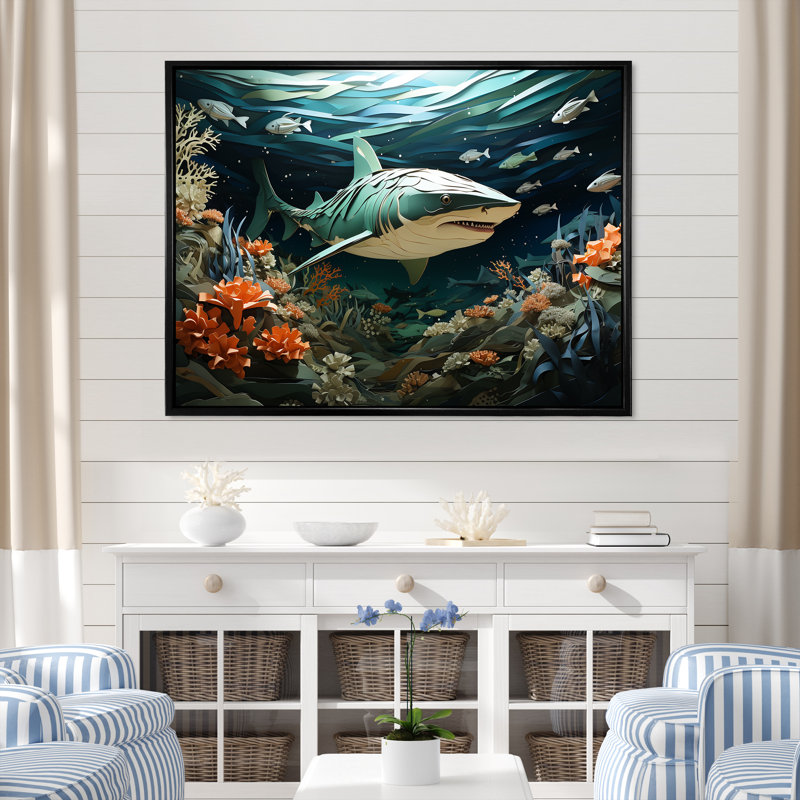 " Coral And Sharks Collage Symetry II ", 34" H x 44" W x 1.5" D, Black Floater Framed