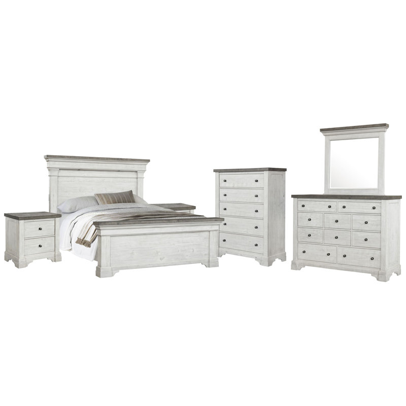 King Panel Bed 2 Nightstands Drawer Dresser With Mirror And Drawer Chest, 6 Pcs: Bed, Chest, Dresser, Mirror, 2 Nightstands