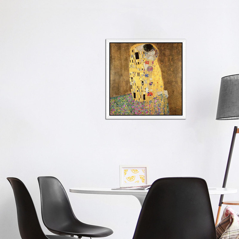The Kiss by Gustav Klimt - Painting on Canvas, 93.98 cm H x 93.98 cm W, White Floater Frame