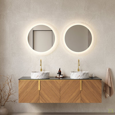 ARAI 60" Bathroom Vanity & Sinks, Floating Plywood Bathroom Storage Cabinet With 4 Doors, 2  Round Ceramic Basins With Stone Pattern & Sintered Stone Countertop