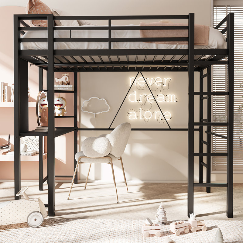 Lit mezzanine avec bureau et bibliothèques, Noir, Double