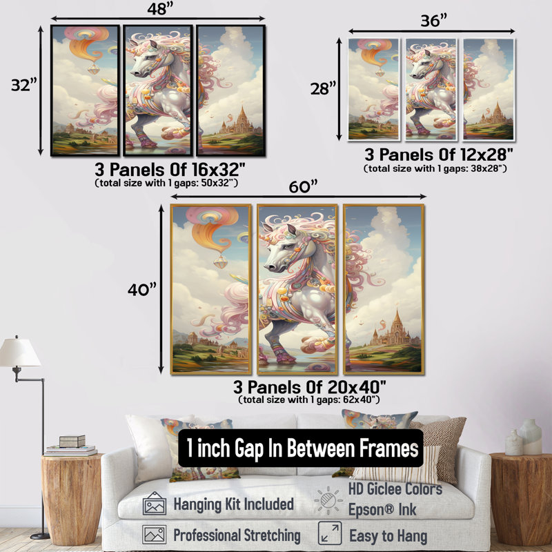 Ensemble de salon Armin - Unicorns Wall Art, Cadre flottant doré, H 32 po x l 48 po x P 1 po