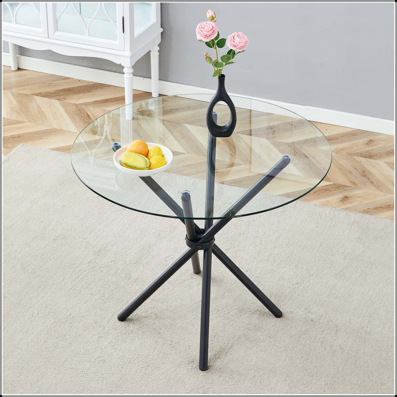 Table de salle à manger ronde en verre avec pieds en métal en forme d'anneau, Transparent / Black