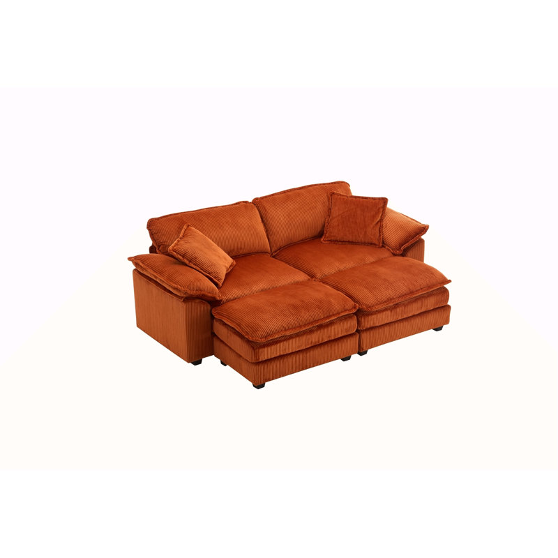 Canapé en velours côtelé 2 places avec coussins de dossier et de repose-pieds, deux repose-pieds, assise profonde pour une détente confortable dans le salon, orange