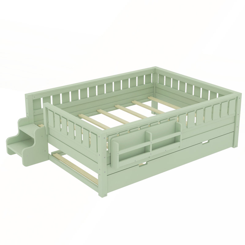Lit double vert avocat avec tablettes intégrées, petit escalier, rails de sécurité et lit gigogne pour enfants, Double
