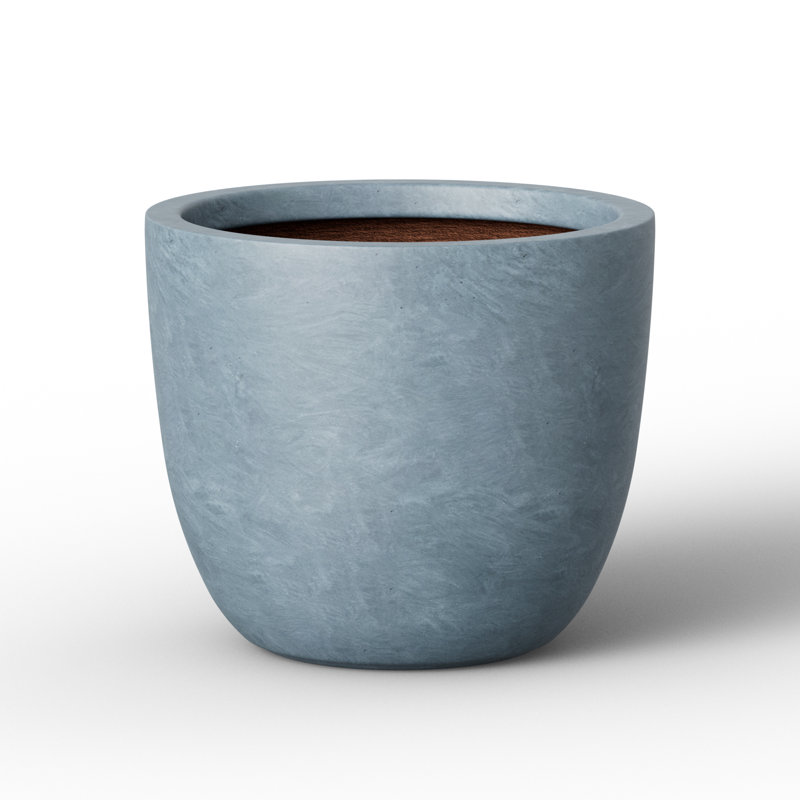 Grand pot de fleurs rond en béton bleu-gris de 13,5 po x H 11,5 po avec trou de drainage pour l'intérieur et l'extérieur