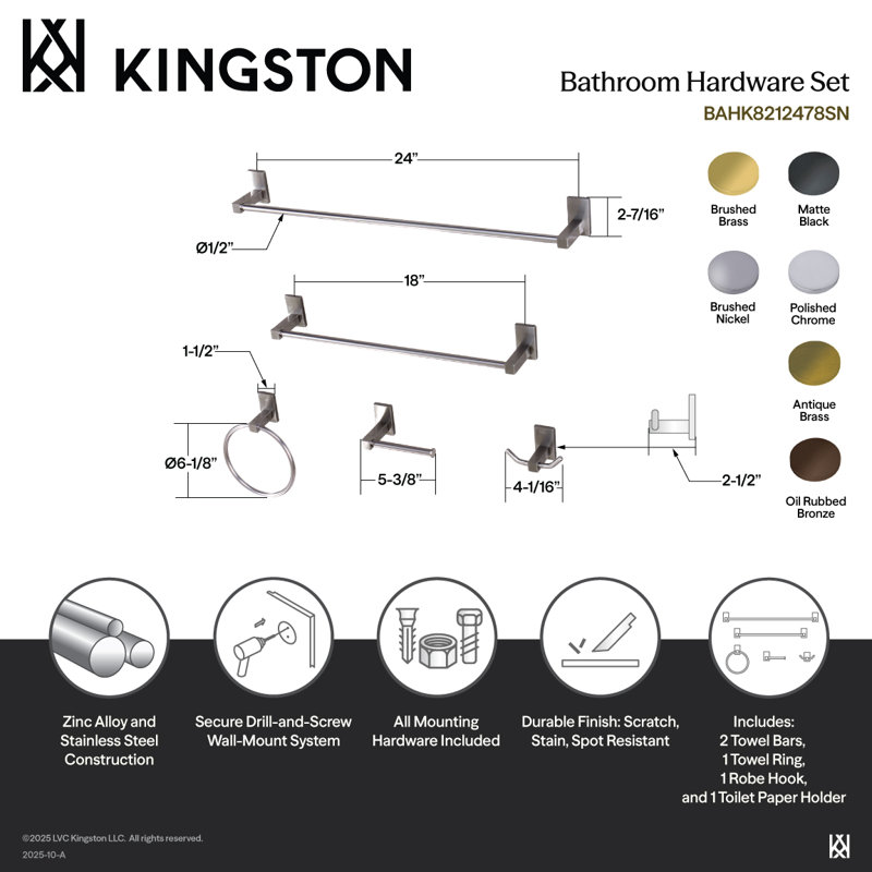 Ensemble de quincaillerie de salle de bain 5 pièces Kingston en laiton Kingston, Bronze huilé