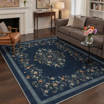Tapis bleu rétro à motif floral lavable à la machine, tapis antidérapant traditionnel pour chambre à coucher
