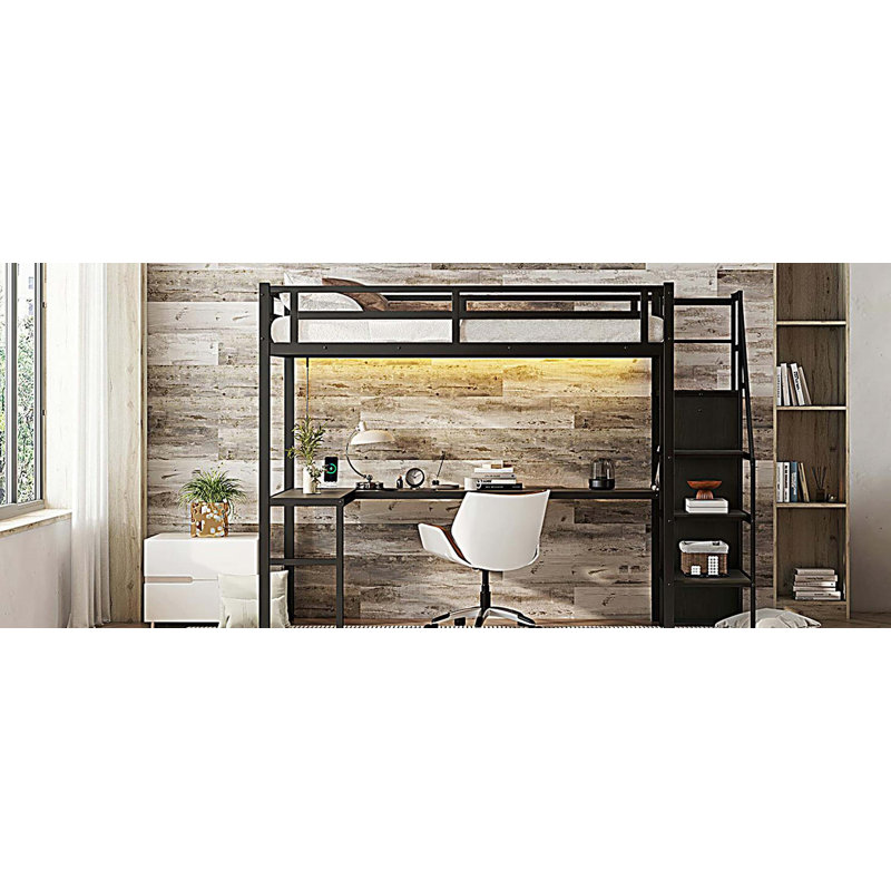 Lit mezzanine polyvalent en métal avec de multiples fonctionnalités pour tous les âges, Lit simple