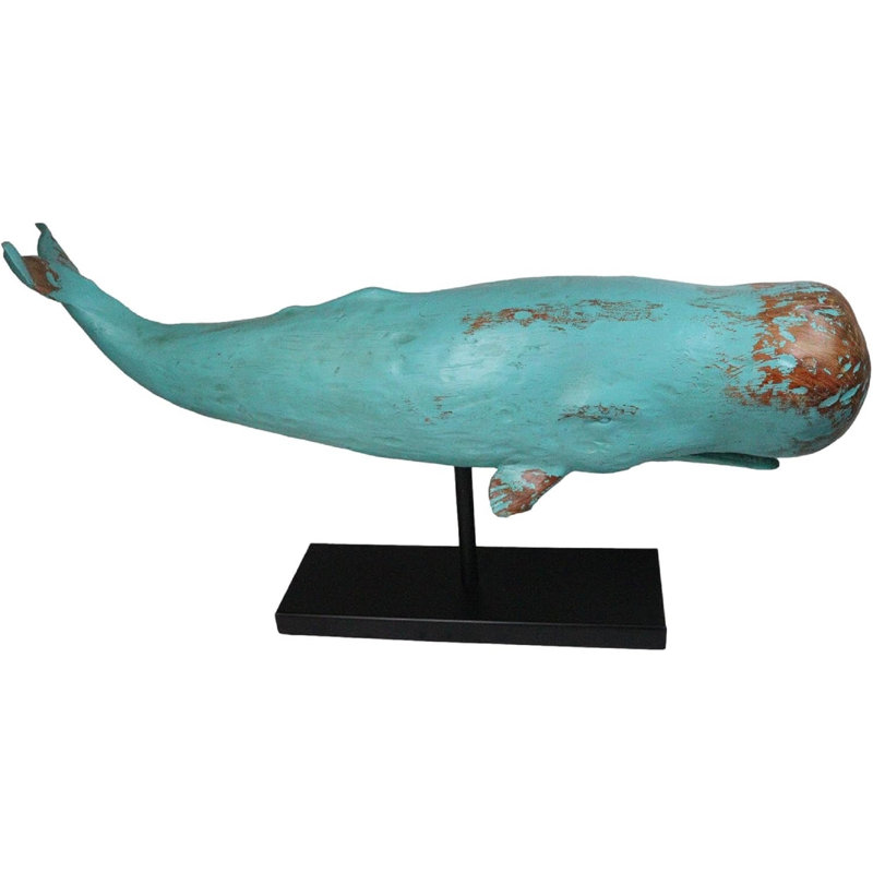 Art abstrait, sculpture de faux cachalot bleu en bois vieilli sur un support de L 30 po