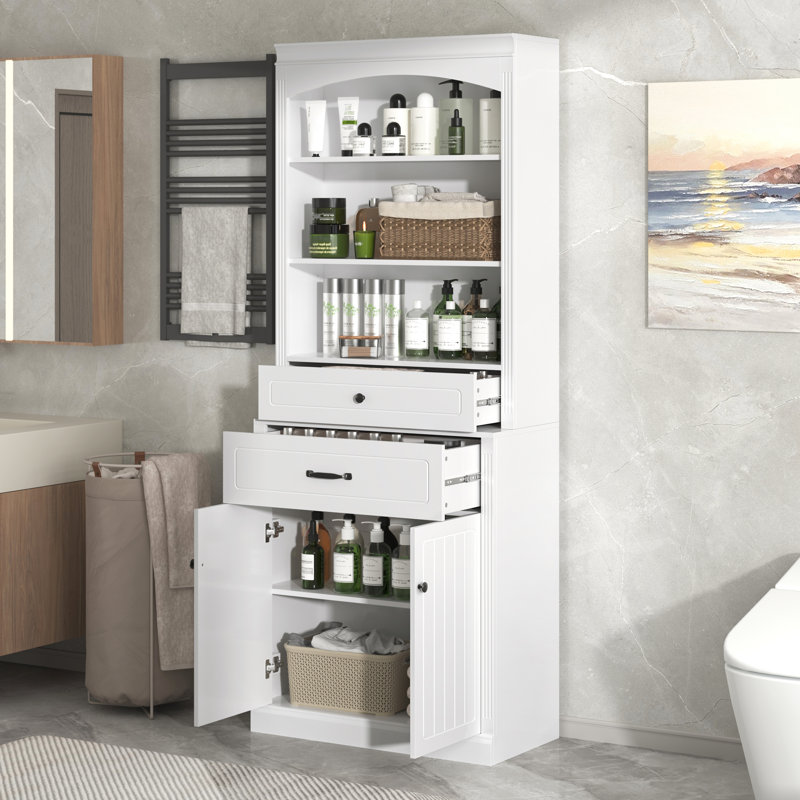 Armoire de rangement blanche avec deux portes, tiroirs, tablette réglable et trois tablettes ouvertes blanches