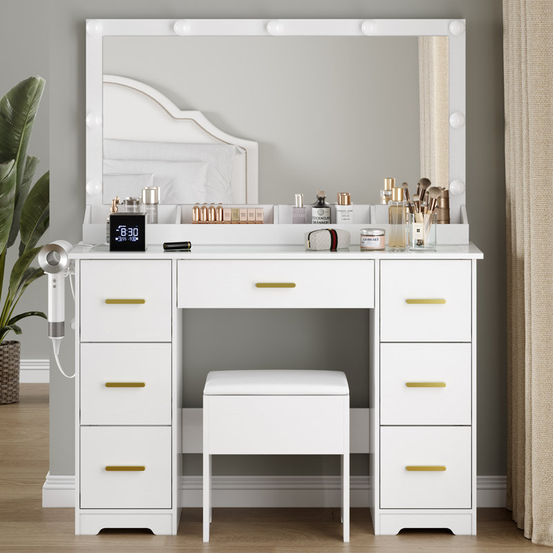 Bureau de coiffeuse avec miroir rectangulaire et lumières, table de coiffeuse avec station de charge, Blanc