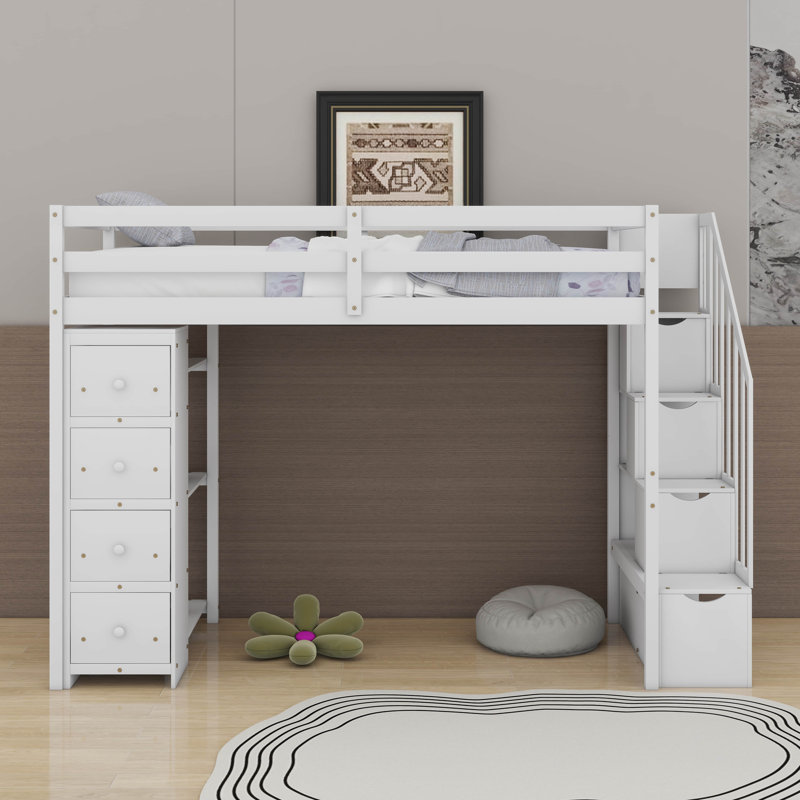 Lit mezzanine simple avec tiroirs de rangement, bureau et escalier, Blanc