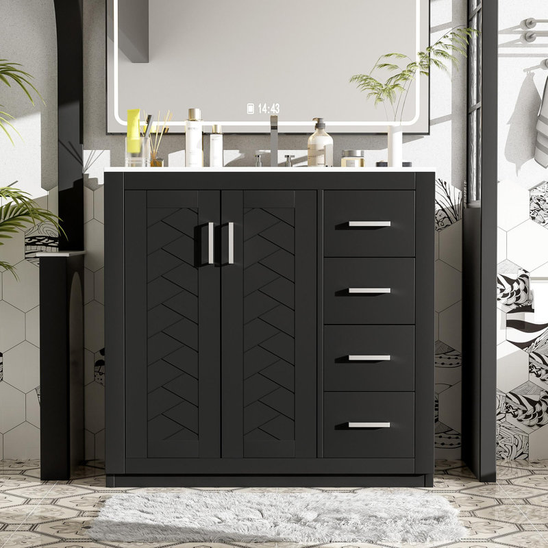 Armoire de rangement de salle de bain moderne en bois massif 36 po avec lavabo, Noir / Argenté
