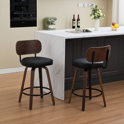 2 tabourets de bar pivotants rembourrés noirs Pu, moderne Mid-Century avec structure en noyer, ergonomique pour la salle à manger 26 po en PU, 2 dossiers et pieds, îlot de cuisine design, capacité de 350 lb