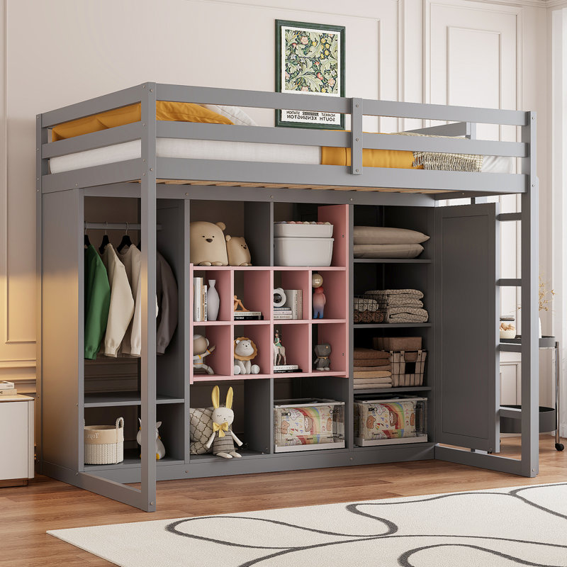 Lit mezzanine simple en bois avec garde-robe, tablettes et armoire, gris et rose