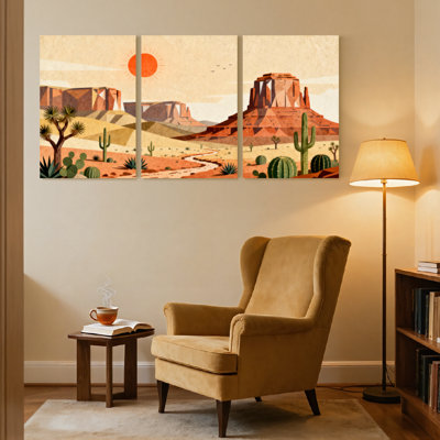 «Landscape & Nature Desert Landscape with Cactus and Rock Formations», ensemble de 3 impressions d'art sur toile