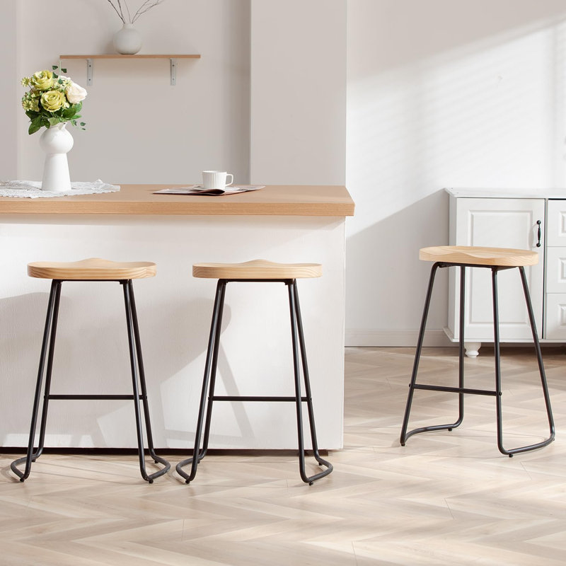 llle Solid Wood Backless Saddle Seat with Footrest Stool Set, Counter Stool (26" Seat Height), 3, Burlywood/Black
