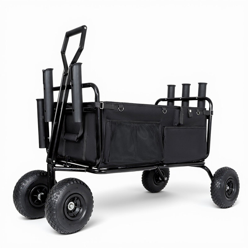 Chariot de plage de pêche pliable robuste avec porte-parapluie et tringle, chariot tout-terrain d'une capacité de 550 lb pour le sable, noir
