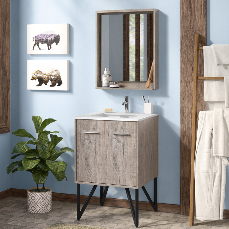 Ensemble de meuble-lavabo de salle de bain simple avec miroir 24 Almaraz, Bois naturel
