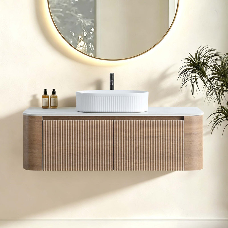 Meuble-lavabo incurvé d'inspiration naturelle avec rangement à fermeture douce et porte-serviettes, Chêne miel