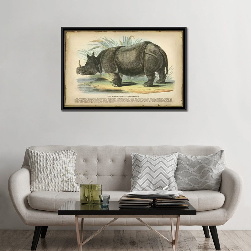 « rhino », reproduction sur toile, H 18 po x l 26 po x P 1,5 po, Toile avec cadre noir, Pas de tapis